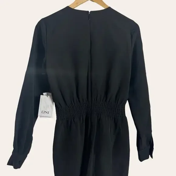 LINI Black Stella Sequin Faux Wrap Surplice Long Sleeve Party Jumpsuit Size XS